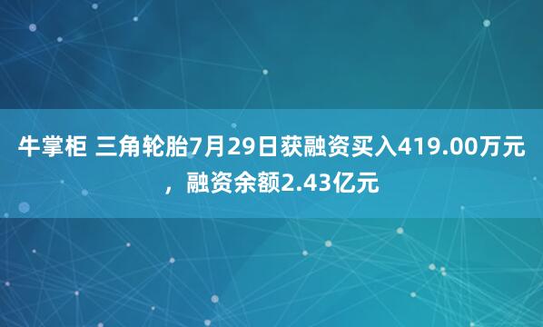 牛掌柜 三角轮胎7月29日获融资买入419.00万元，融资余额2.43亿元